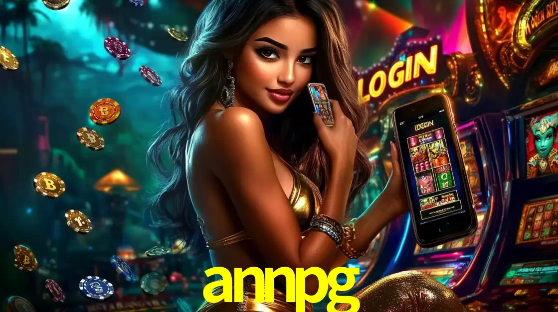 Mulher em um cenário de cassino temático de aventura, mostrando o app de caça-níqueis da annpg no celular. Fichas de apostas flutuam ao redor.